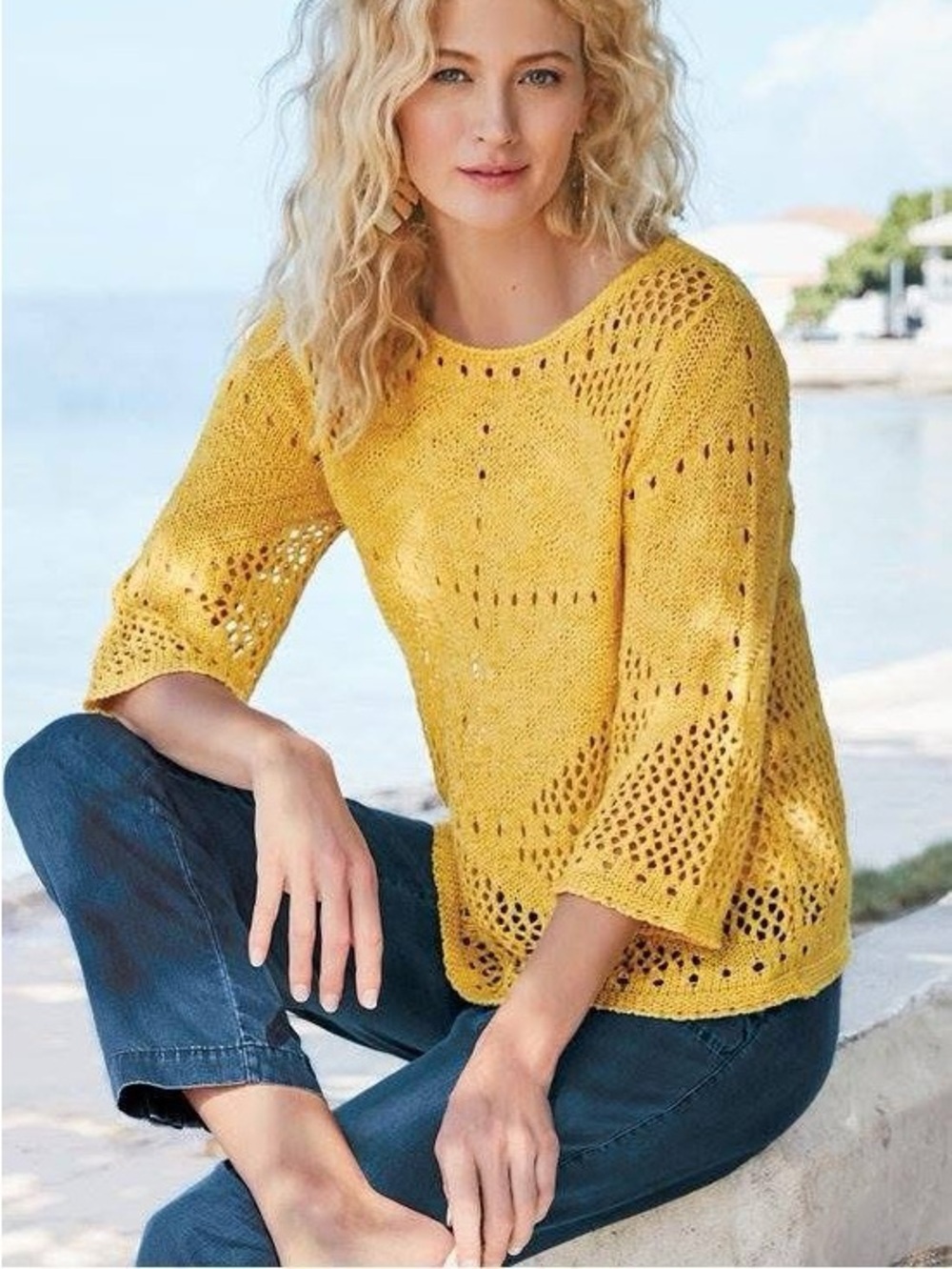 Soft Surroundings Mustard Beachwalk Open Weave Sweater Size S